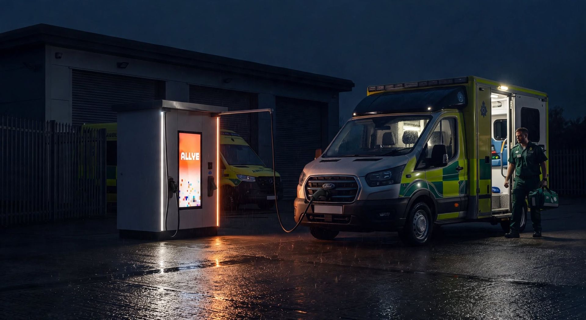 An Allye MEV charging an ambulance at a station at night