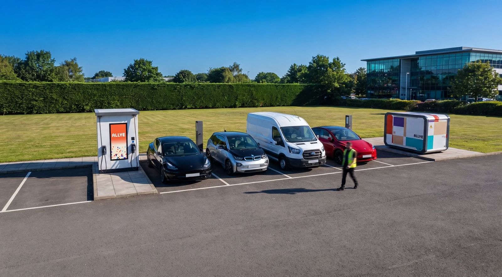 An Allye MEV charging cars at an office car park while a MAX300 stores energy for the site